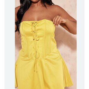 Pretty Little Thing Satin Yellow Corset Mini Dress Strapless Plus Size 16‎ Fairy